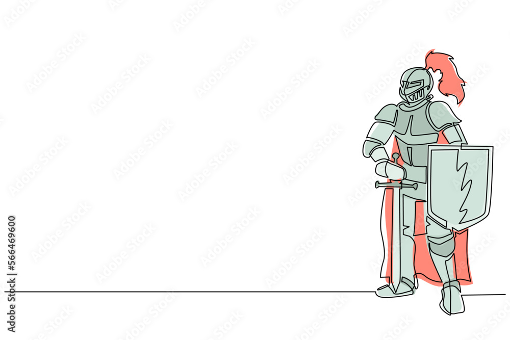Single continuous line drawing medieval knight standing in armor and ...
