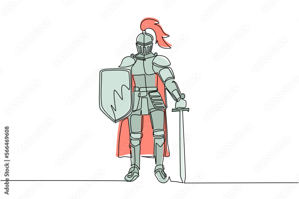 Continuous one line drawing medieval knight standing in armor and helmet holding shield and sword. Full body armor suit, European medieval knight character. Single line draw design vector illustration Continuous one line drawing medieval knight standing in armor and helmet holding shield and sword. Full body armor suit, European medieval knight character. Single line draw design vector illustration