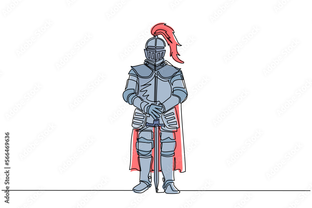 Continuous one line drawing medieval knight in armor, cape and helmet with feather. Warrior of middle ages standing and leaning on sword. Chivalry figure. Single line draw design vector illustration