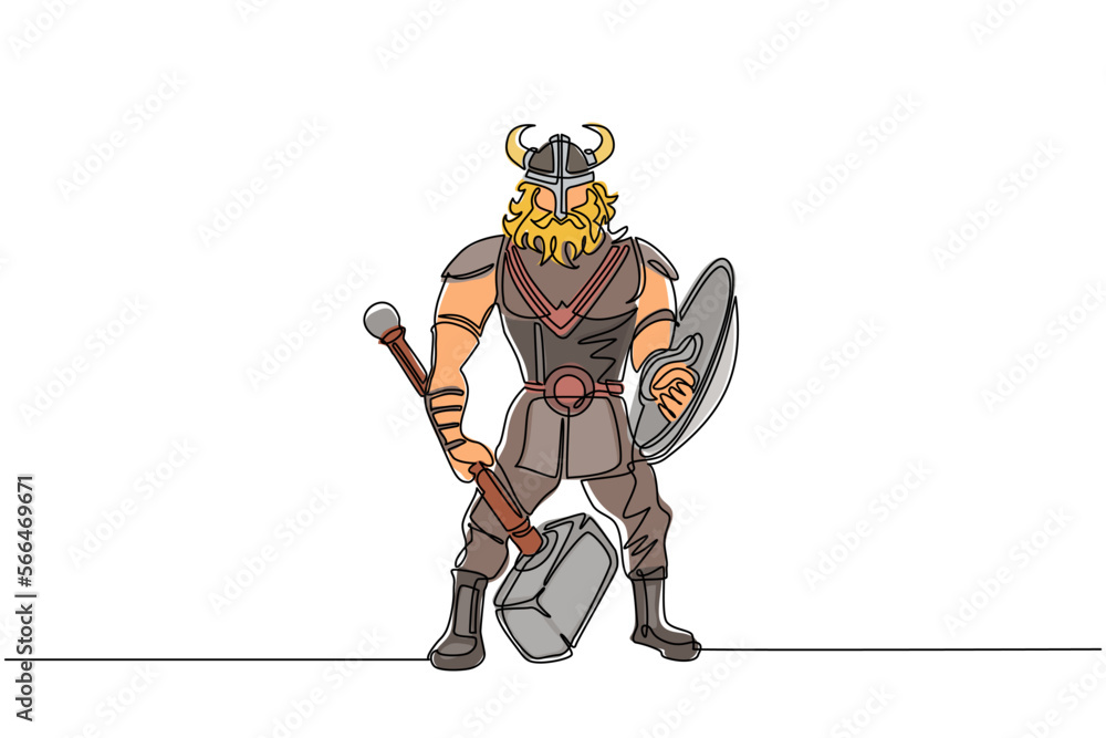 Single one line drawing man warrior viking in horned helmet holding hammer and shield. Cartoon character male with weapon standing in belligerent pose. Continuous line draw design vector illustration Single one line drawing man warrior viking in horned helmet holding hammer and shield. Cartoon character male with weapon standing in belligerent pose. Continuous line draw design vector illustration