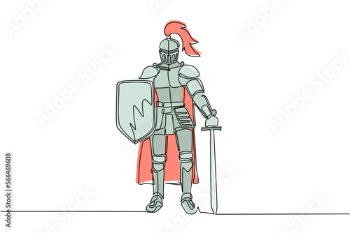 Continuous one line drawing medieval knight standing in armor and helmet holding shield and sword. Full body armor suit, European medieval knight character. Single line draw design vector illustration