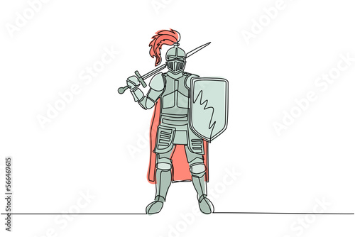 Single one line drawing medieval knight standing in armor and helmet holding shield and sword. Historical ancient military character. Prince ancient fighter. Continuous line draw design graphic vector
