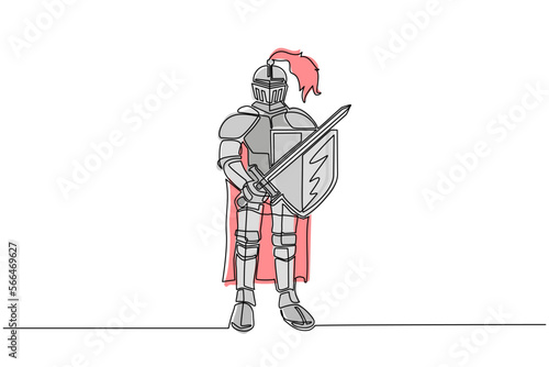 Single continuous line drawing medieval knight in armor, cape, helmet with feather. Warrior of middle ages standing and holding sword and shield. Chivalry figure. One line draw design graphic vector