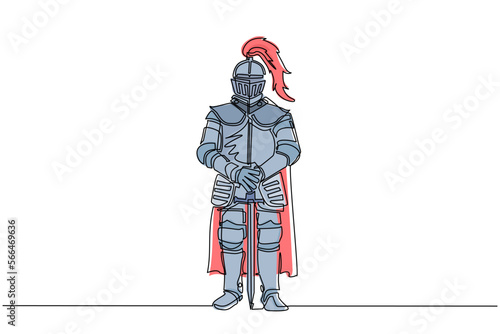 Continuous one line drawing medieval knight in armor, cape and helmet with feather. Warrior of middle ages standing and leaning on sword. Chivalry figure. Single line draw design vector illustration
