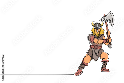 Single continuous line drawing viking warrior mascot swinging axe. Viking swing attack with axe. Viking warrior raider barbarian with horned helmet swinging battle axe. One line draw design vector