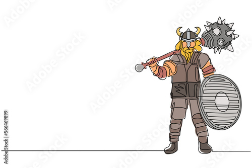 Single one line drawing norseman viking warrior raider barbarian wearing horned helmet with beard holding mace and shield on isolated white background. Continuous line draw design vector illustration