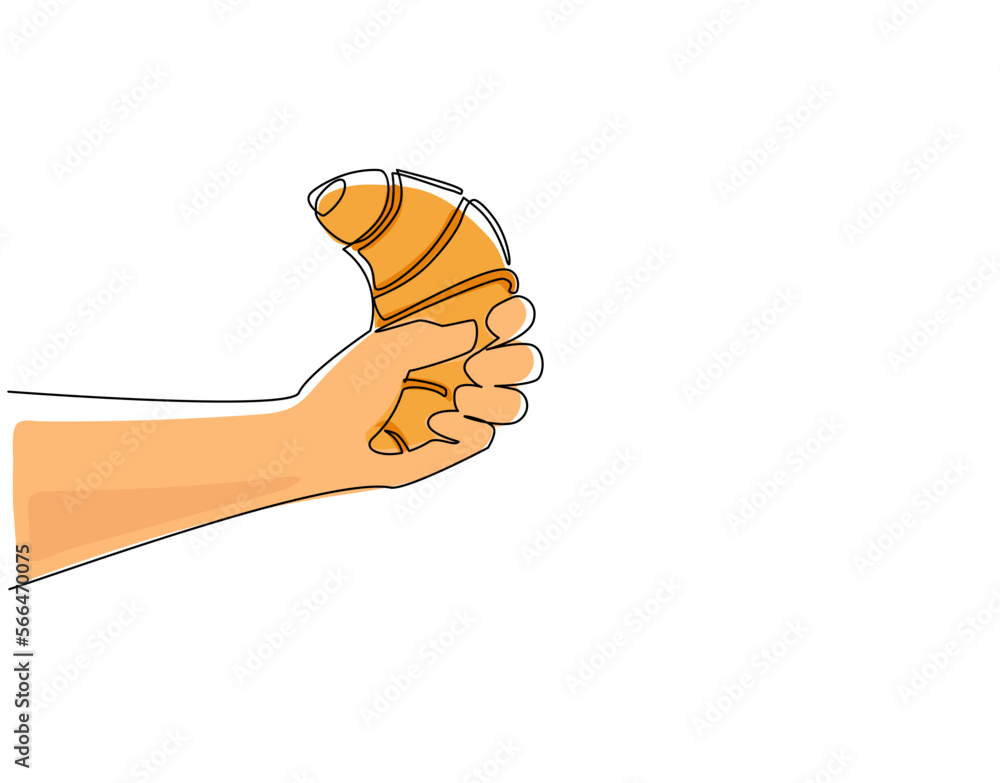 Continuous one line drawing hand holding fresh baked croissant. Hands holding croissant bagel bun. Traditional breakfast. For restaurant or cafe drink menu. Single line draw design vector graphic Continuous one line drawing hand holding fresh baked croissant. Hands holding croissant bagel bun. Traditional breakfast. For restaurant or cafe drink menu. Single line draw design vector graphic