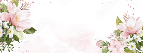 Pink roses flowers bouquet and glitter on stains watercolor of banner background © Artnizu