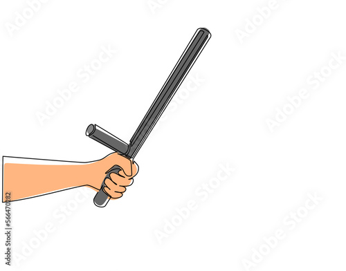 Single one line drawing hand holding police bat. Policeman ammunition, security rubber baton. Black truncheon with handle. Guard weapon. Modern continuous line draw design graphic vector illustration