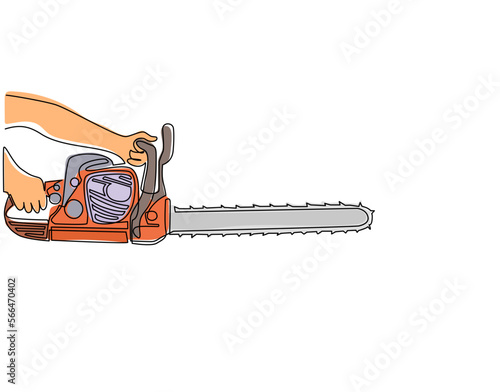 Single one line drawing hand holding chainsaw. Industry job equipment for strong man. Professional machine. Lumberjack tool. Woodcutter saw. Wood forester cutter. Continuous line draw design vector