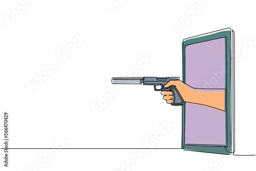 Single one line drawing hand holding pistol with silencer through mobile phone. Concept of mafia video games, e-sport, entertainment application for smartphones. Continuous line draw design vector
