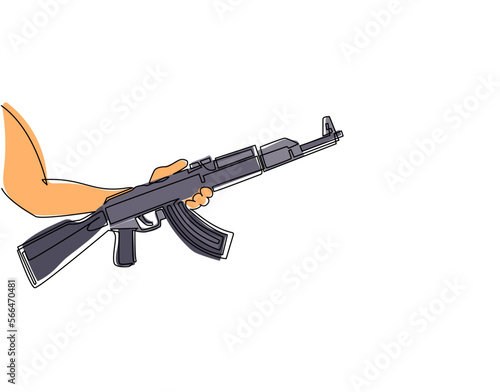Single continuous line drawing hand holding AK 47 kalashnikov machine gun assault rifle. Weapon firearm terrorism concept. Military automatic rifle. One line draw graphic design vector illustration