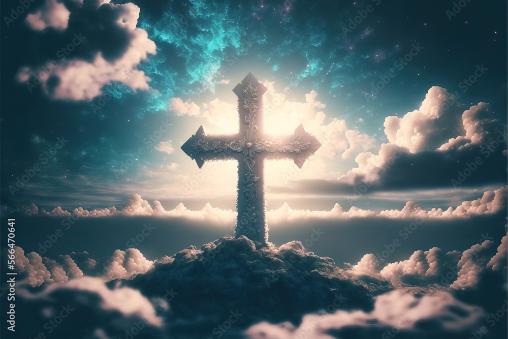 Protestant catholic Christian Cross Religion on beautiful sunset or sunrise landscape background