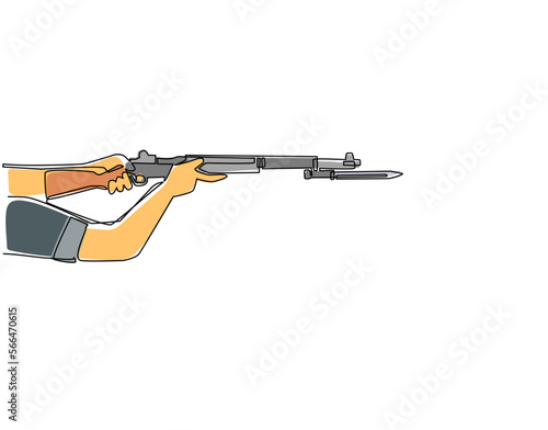Continuous one line drawing hand holding M1 garand semi-automatic rifle with knife bayonet. British military action rifle with attached bayonet. Single line draw design vector graphic illustration