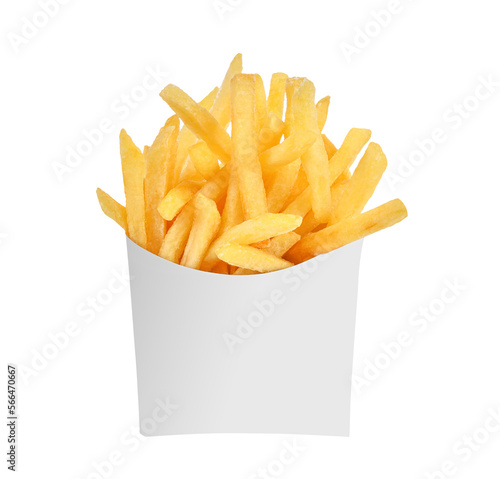 French fries in a white paper box isolated on transparent background. PNG
