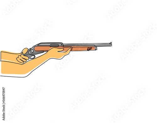Single continuous line drawing hand holding shotgun. Shotgun personal self defense weapon. Carbine powerful hunting rifle firearm, shooting gunshot instrument. One line draw design vector illustration