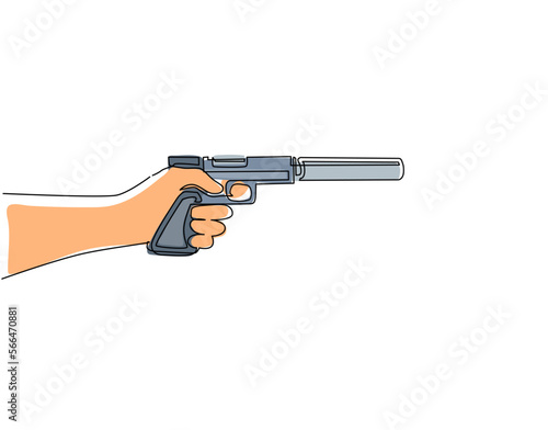 Single one line drawing hand holding pistol with silencer. Mafia gangster gun with silencer, handgun silhouette, gun isolated on white. Modern continuous line draw design graphic vector illustration