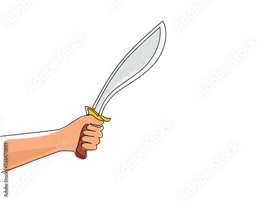 Single continuous line drawing man hand hold machetes knife with curved blade. Machete agricultural instrument or weapon engraving style icon. Dynamic one line draw graphic design vector illustration