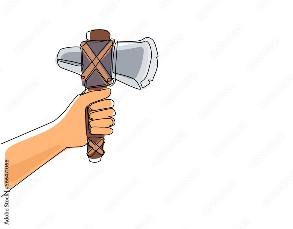 Single one line drawing hand holding stone axes. Primitive man weapon