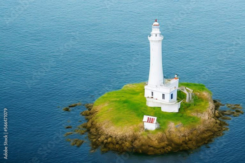 海に浮かぶ孤島に白い灯台