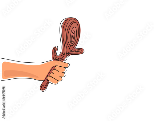 Single one line drawing hand holding primitive ancient weapon cudgel for hunting or war of cave people. Prehistoric tool for survival in stone age. Modern continuous line draw design graphic vector