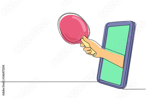 Single one line drawing player hand holds table tennis bat through mobile phone. Smartphone with ping pong games app. Mobile sports stream championship. Continuous line draw design graphic vector