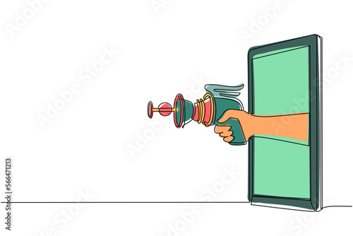 Single one line drawing hand holding space blaster through mobile phone. Concept of battle video games, e-sport, entertainment application for smartphones. Continuous line draw design graphic vector