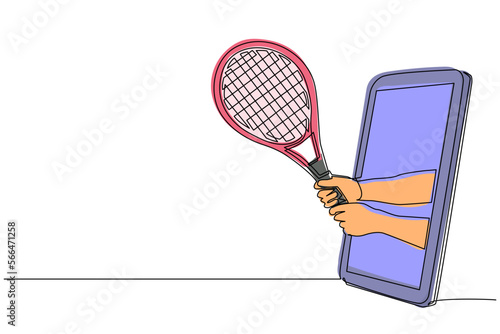 Continuous one line drawing player hand holds tennis racket through mobile phone. Smartphone with tennis games app. Mobile sports stream championship. Single line draw design vector illustration