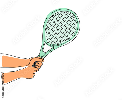 Single one line drawing player hand holding tennis racket. Sport equipment tennis racquets. Sporting goods for championship. Outdoors summer activity. Modern continuous line draw design graphic vector © Simple Line