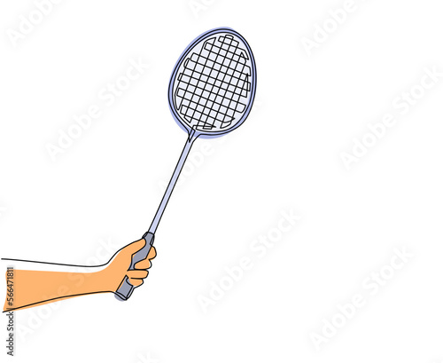 Single continuous line drawing player hand holding badminton racket. Sport equipment. Vintage badminton racquets. Sporting goods for championship. One line draw graphic design vector illustration © Simple Line