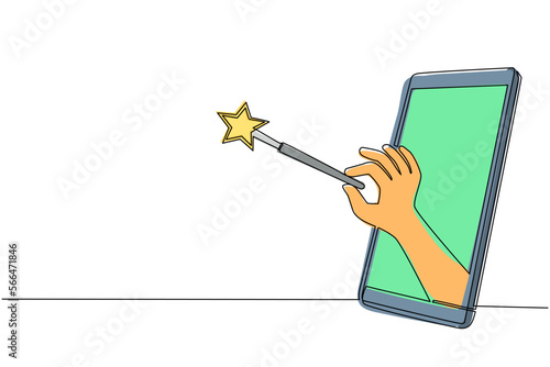 Continuous one line drawing hand holding magic wand through mobile phone. Concept of mobile games, e-sport, entertainment application for smartphones. Single line design vector graphic illustration