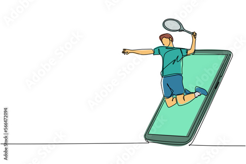 Single continuous line drawing man tennis player jump hit the ball getting out of smartphone screen. Mobile sports play matches. Online tennis game with live mobile app. One line draw design vector