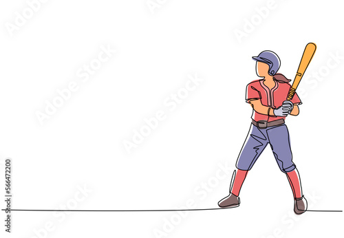 Photography Continuous one line drawing young agile woman baseball player ready to hit the ball