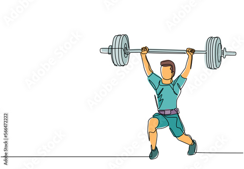 Continuous one line drawing young bodybuilder man doing exercise with a heavy weight bar in gym. Powerlifter train weightlifting. Healthy concept. Single line draw design vector graphic illustration