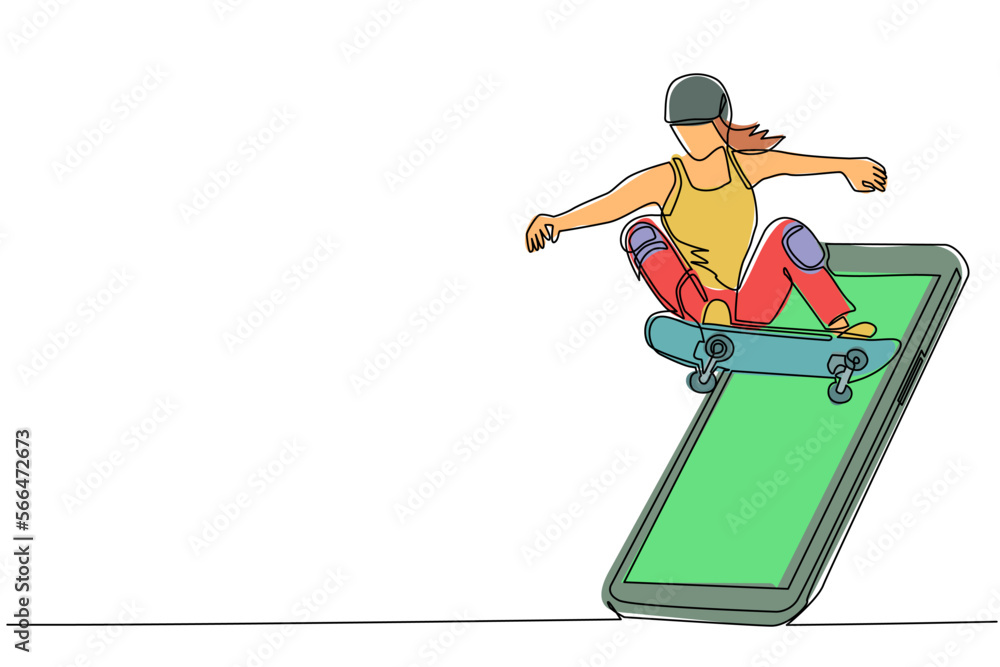 Single one line drawing skateboarder woman riding skateboard and doing jump trick getting out of smartphone screen. Mobile sport matches. Online skateboard game app. Continuous line draw design vector