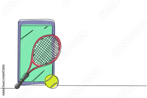 Single continuous line drawing smartphone and tennis racket and ball equipment for competition play game concept. Sport tennis tournament and championship posters. One line draw graphic design vector
