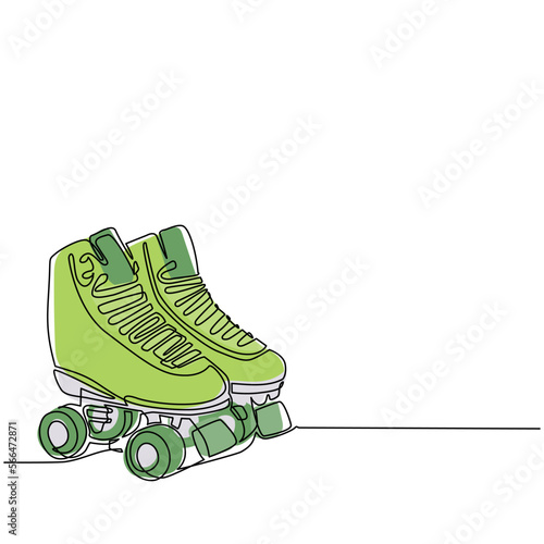 Single continuous line drawing pair of vintage, retro quad roller skates icon logo symbol. Sketch style pair of quad roller skates with white laces. One line draw graphic design vector illustration