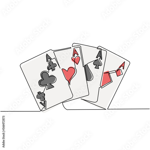 Single one line drawing set of four aces playing cards suits. Winning poker hand. Set of hearts, spades, clubs, diamonds ace. Card games. Modern continuous line draw design graphic vector illustration