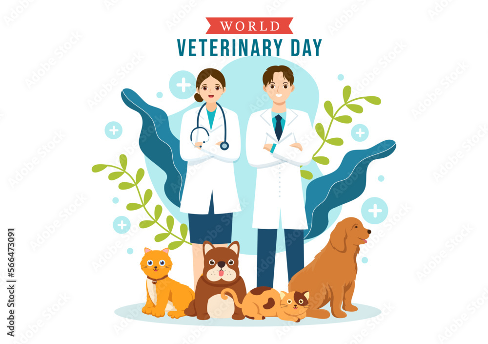 Fototapeta premium World Veterinary Day on April 29 Illustration with Doctor and Cute Animals Dogs or Cats in Flat Cartoon Hand Drawn for Landing Page Templates
