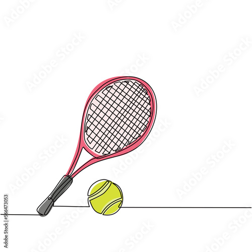 Continuous one line drawing tennis racket and ball equipment for competition play game. Sport tennis tournament and championship posters. Healthy activity. Single line draw design vector illustration