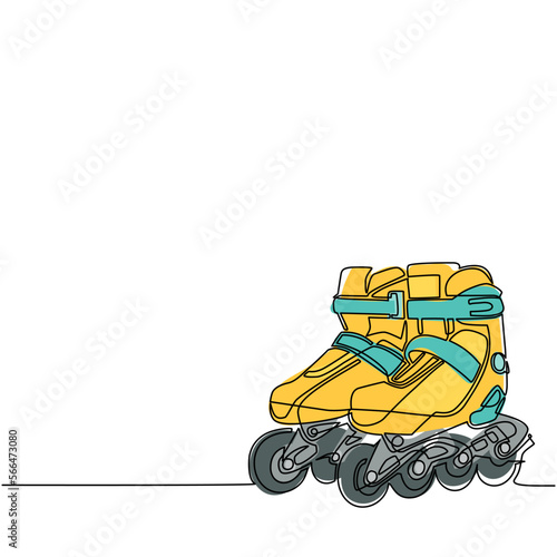 Single one line drawing pair of old retro plastic quad roller skate shoes. Healthy fitness sports concept. Vintage classical inline skating boot equipment sport. Continuous line draw design vector