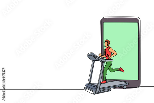 Single one line drawing smartphone and man running on motorized treadmill. Sportive man on electric training machine. Fitness club, gym tool. Continuous line draw design graphic vector illustration