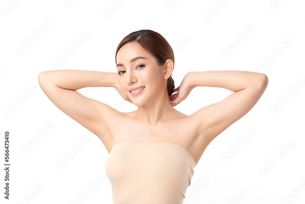 Beautiful Young Asian woman lifting hands up to show off clean and hygienic armpits or underarms on white background, Smooth armpit cleanliness and protection concept Beautiful Young Asian woman lifting hands up to show off clean and hygienic armpits or underarms on white background, Smooth armpit cleanliness and protection concept