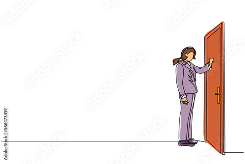 Single one line drawing businesswoman knocking at door. Woman standing at entrance of room knocking door. Female in business blazer is knocking at door. Continuous line draw design graphic vector