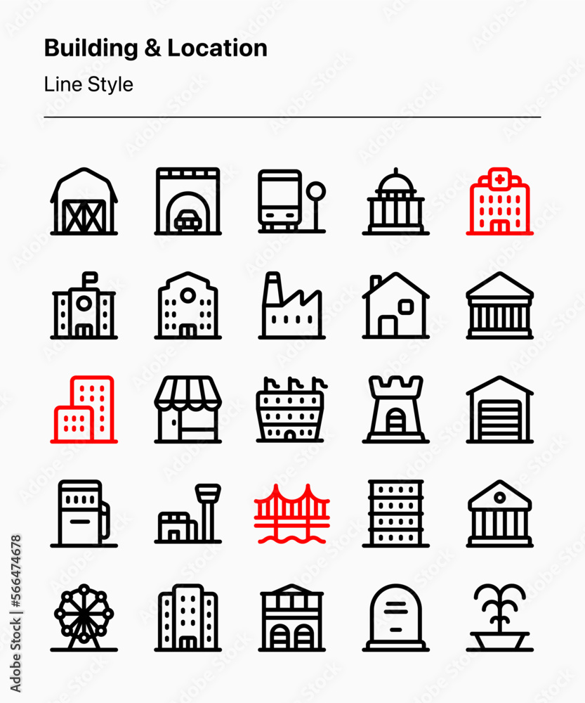 Customizable set of building and location icons in line style consisting of common public places and locations in the city. Perfect for maps, user interface, advertising, graphic design, business, etc Customizable set of building and location icons in line style consisting of common public places and locations in the city. Perfect for maps, user interface, advertising, graphic design, business, etc