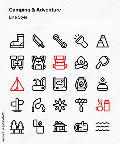 Customizable camping and adventure icons in line style covering camping tools and equipment and outdoor elements. Perfect for apps, websites, businesses, stores, product illustrations, catalogs, etc