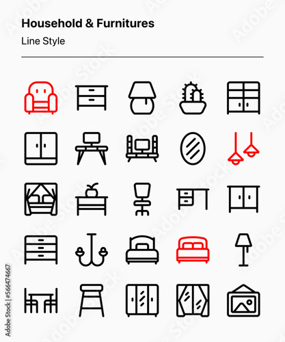 Customizable set of household and furniture icons covering elements of living room, bedroom, office, dining room, and entertainment center. Perfect for apps, websites, store, businesses, catalogs, etc