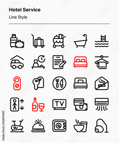 Customizable set of hotel service icons in line style consisting of hotel-related elements, objects, and facilities. Perfect for website, ads, marketing, signage, etc