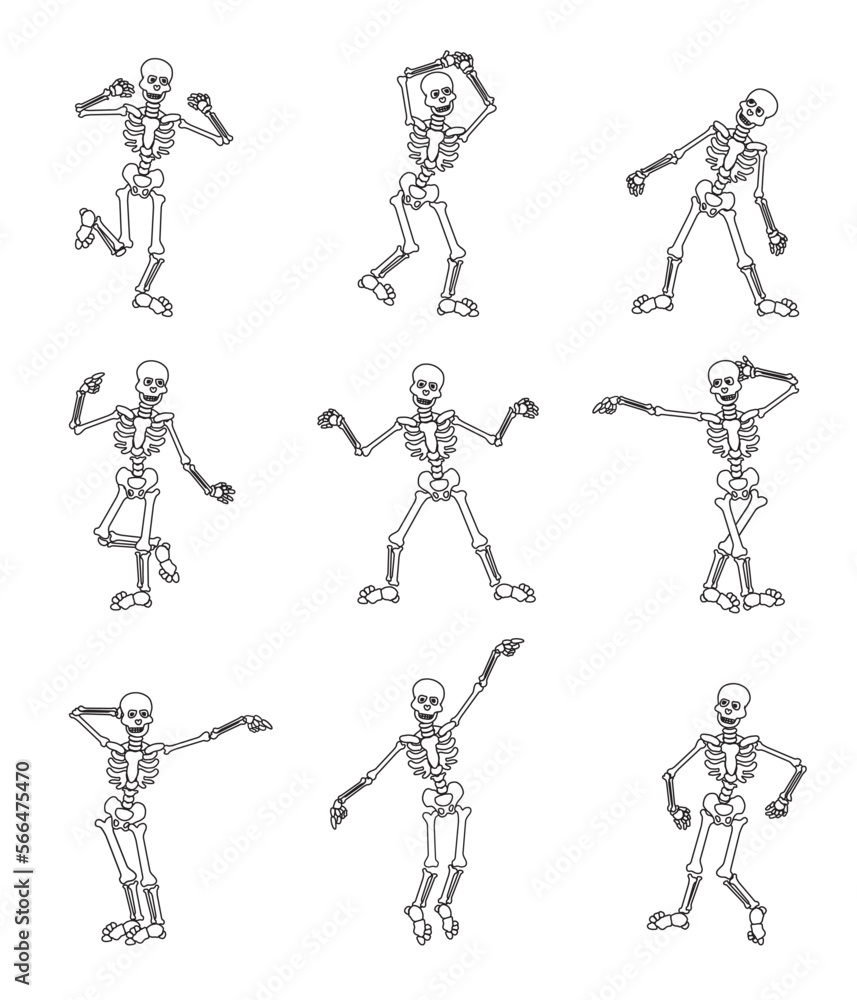 Fototapeta premium Vector dancing human skeleton silhouettes set in different poses isolated