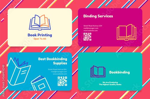 Book printing bookbinding service best supplies business card set vector illustration